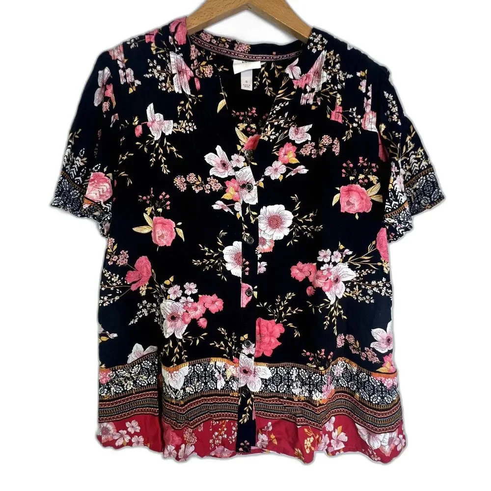 Knox Rose Black Floral Short‎ Sleeve Blouse Size Small